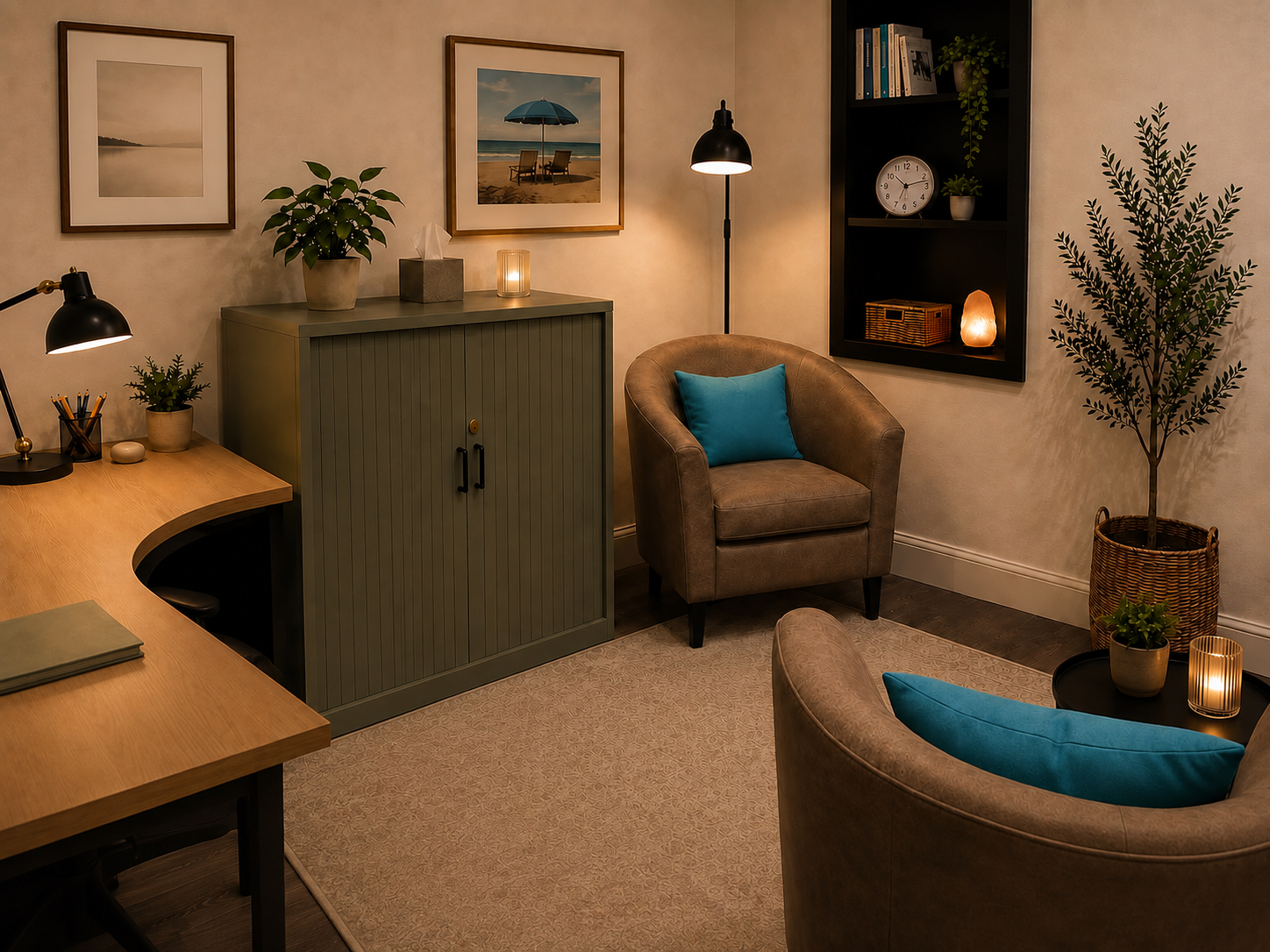 Calm therapy room with armchairs and warm lighting